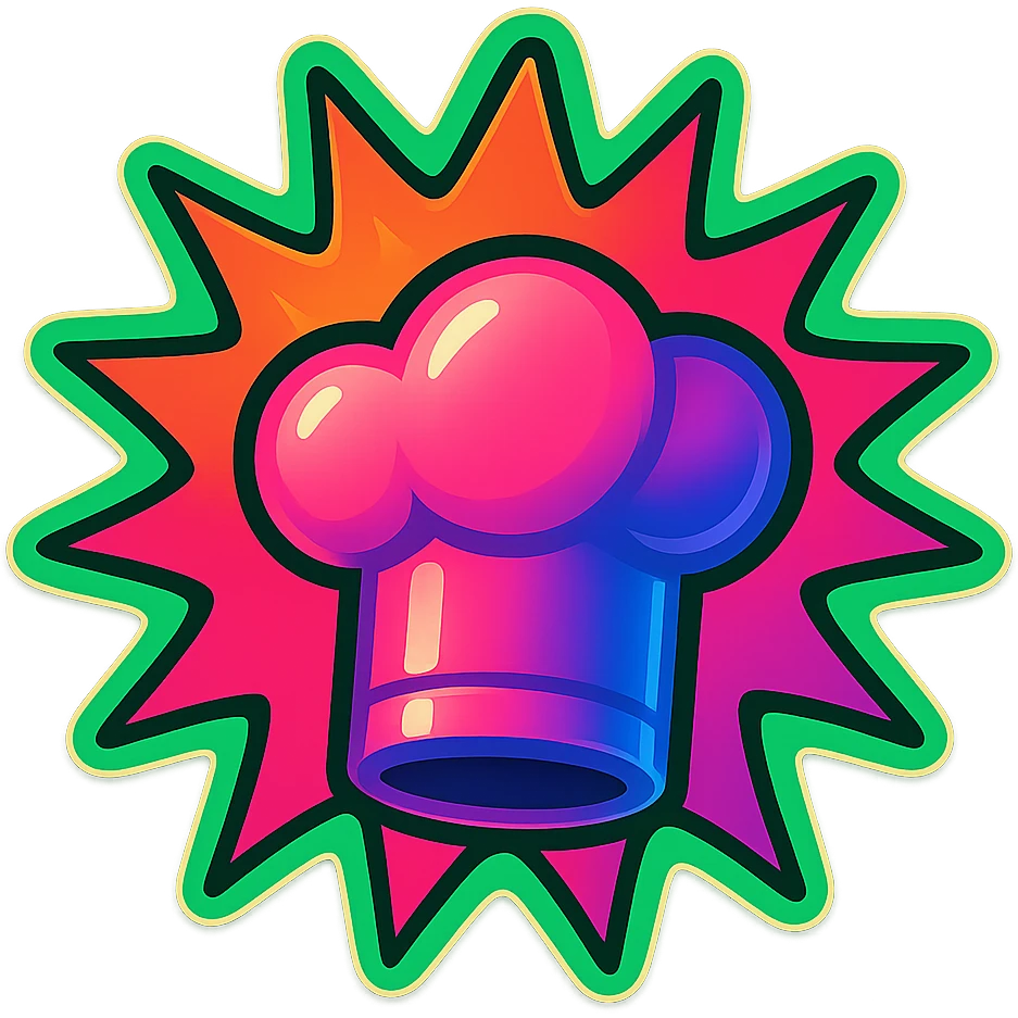 chef's hat, colors explosion, playful and modern with gradient FF4D67, 9D34FF gradient, border green neon, vibrant, matching image reference  emoji