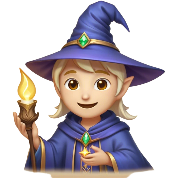 Clash of Clans aesthetic Playful Mage Portrait Emoji, Head tilted with a mischievous glimmer and subtle enchanting smile, featuring a compact, gracefully robed form with a pointed wizard hat and twinkling eyes in natural skin tone, Simplified yet irresistibly charming features, highly detailed, glowing with a warm, inviting magical glow, high shine, spirited and imaginative, stylized with a touch of whimsical sorcery, soft glowing outline, capturing the essence of a playful mage exuding friendly arcane wonder! emoji