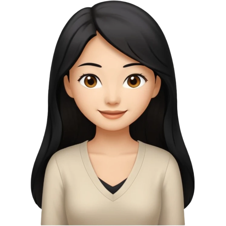 medium tan asian woman with long black hair past middle of back, round brwn eyes, white v neck blouse smiling. emoji