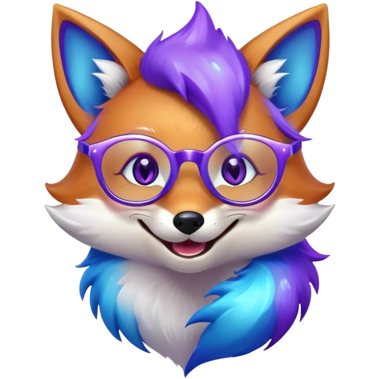 A magical fox with shimmering purple and blue fur, a glowing tail, a silver star on its forehead, and round glasses, laughing so hard that tears are streaming from its eyes emoji