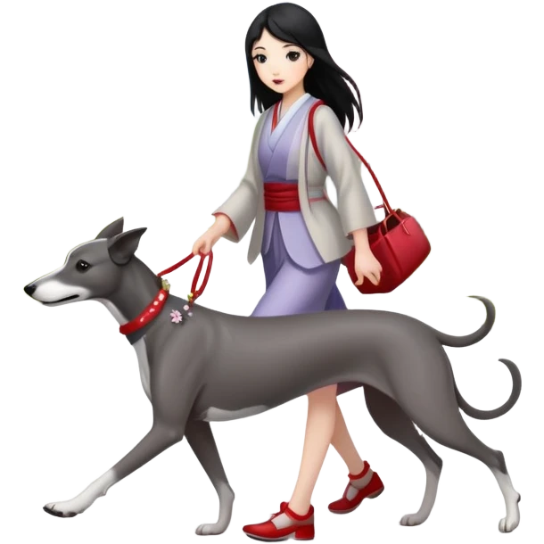 Japanese girl with flowing hair walking a solid grey greyhound with cherry blossoms in the background emoji