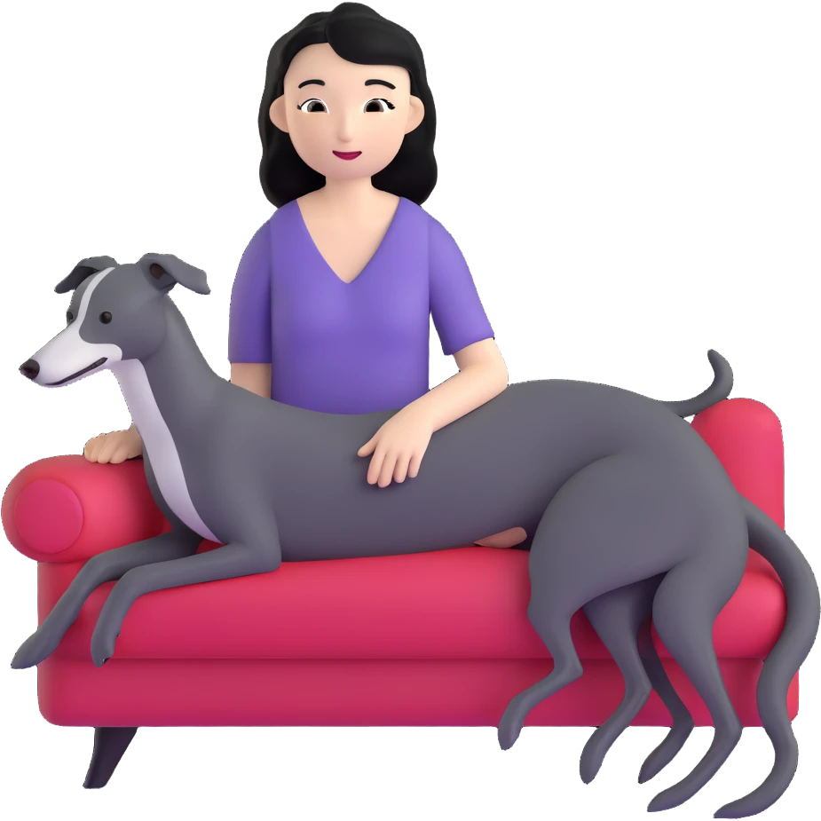Very thin Chinese woman with long black hair relaxing in a luxurious hotel suite with exactly ONE whippet dog. EXTREME IMPORTANCE: the whippet must be ONE SOLID VERY DARK CHARCOAL GREY COLOR from nose to tail with ABSOLUTELY NO WHITE MARKINGS anywhere - NO white on face, NO white on muzzle, NO white on chest, NO white on paws, NO white on tail - NOTHING BUT A SINGLE SHADE OF VERY DARK GREY throughout the entire animal emoji