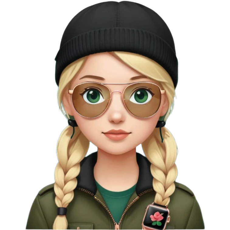 girl with pigtailed blond hair
with blue eyes and aviator sunglasses

wearing a black plain beanie
wearing (rose gold apple watch with forest green band) emoji