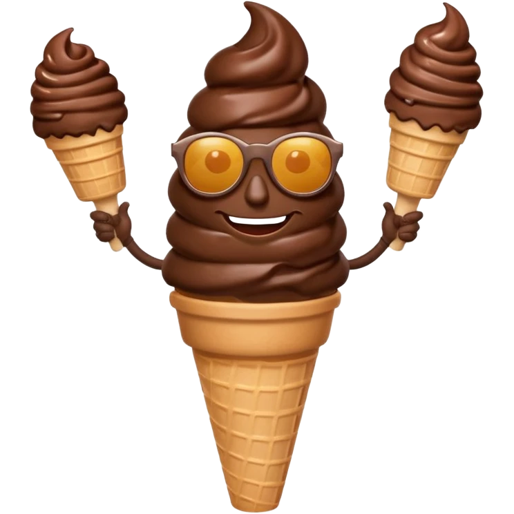 A chocolate icecream, with legs, arms, and a face. It can be seen wearing sunglasses emoji