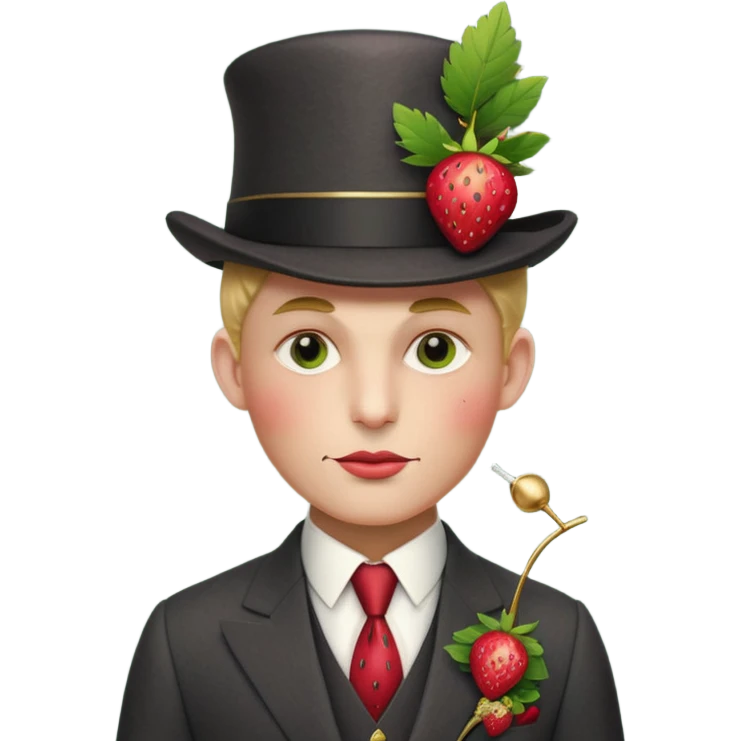 Pretentious cartoon strawberry in a tailored charcoal three‑piece suit, leaf‑cap styled like a pompadour, gold‑stud seeds, sugar‑glass monocle, licorice cane, smug expression; clean vector style, flat shading, cream background, rich crimson/forest‑green palette, 3/4 view, elegant lighting.
 emoji
