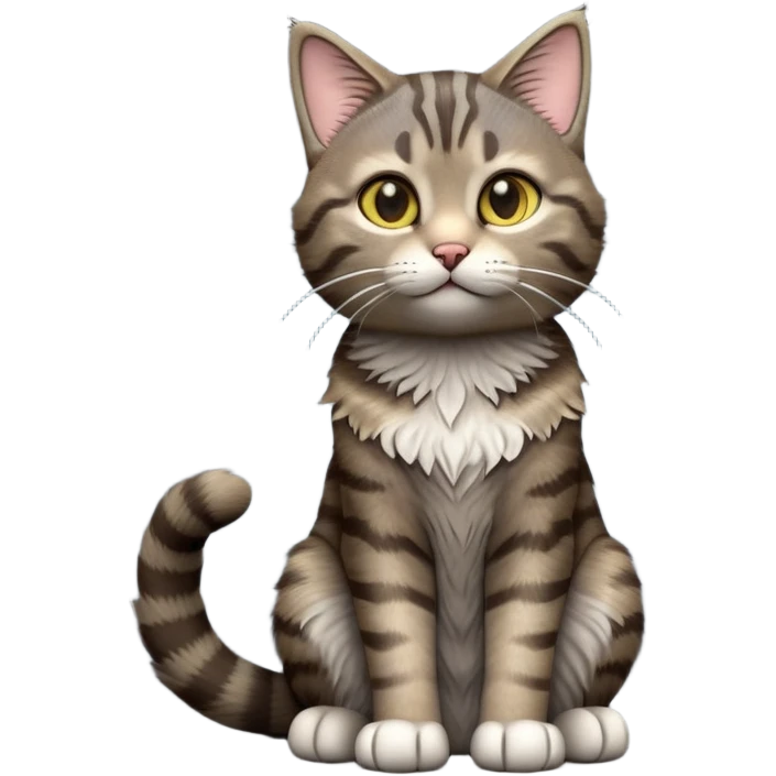 cinematic-[grey brown tabby cat]-realistic-full-body-sitting-emoji,-tail-curled-playfully-around-its-paws,-head-tilted-dramatically,-scruffy-[grey]-fur,-simplified-yet-realistic-focused-features,-highly-detailed,-glowing-with-an-almost-sarcastic-glow emoji