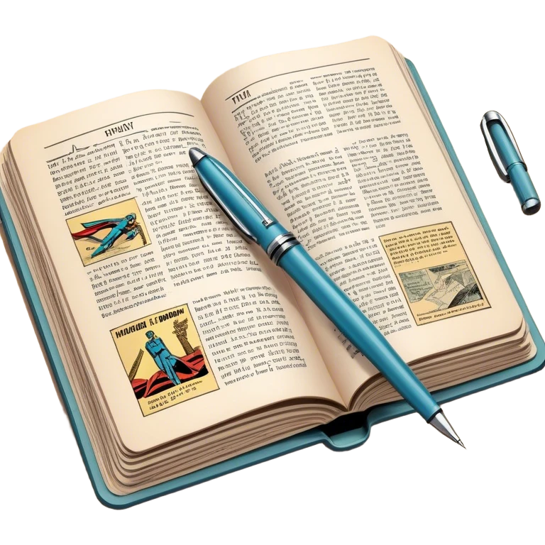 Create a detailed emoji representing the process of writing texts for comic books. The design should feature a large, open comic book with vintage comic strips visible on its pages. A pen should be shown writing text on one of the comic panels, but without a hand. The pencil should appear as though it is actively creating the dialogue or narration. Use a classic color palette with muted tones for the comic book and brighter accents on the pencil to draw attention to the writing process. Do not include any emojis or smiley faces. Make the background transparent. emoji