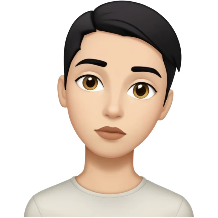 Sou não binário, sexo masculino, aparência feminina, andrógeno, cabelo preto liso, não uso franja, olhos amendoados, boca com o lábio inferior maior que o superior, sobrancelhas médias e pretas, minha pele é da cor parda/branca emoji