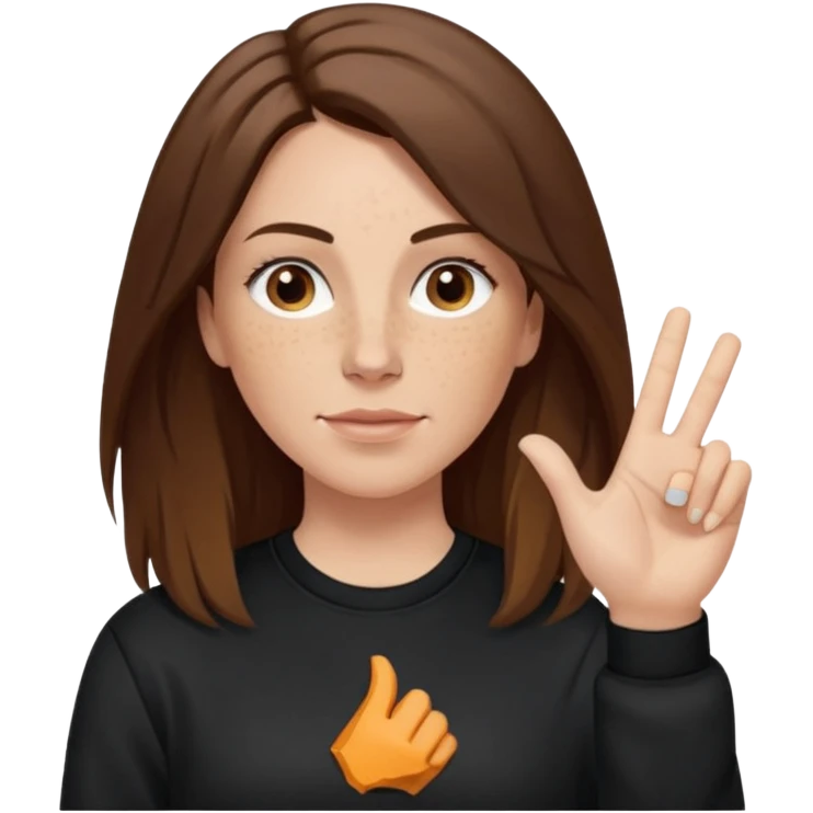 A 38 year old white woman with long brunette hair parted in the middle. She has her nose pierced. Her nose is medium sized. She has brown eyes. She has freckles and is wearing a black sweatshirt and is making the rock on sign with her hand emoji