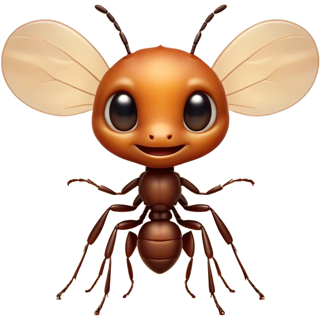 Cinematic Cute Ant Portrait Emoji, Head tilted playfully and inquisitively, featuring a minuscule, charming body with a delicately textured exoskeleton and round, sparkling eyes brimming with curious mischief, Simplified yet irresistibly adorable features, highly detailed, glowing with a warm, inviting earthy glow, high shine, affectionate and lively, stylized with a touch of whimsical industrious charm, soft glowing outline, capturing the essence of a mischievous ant that seems as if it could scurry out of the screen into your arms! emoji