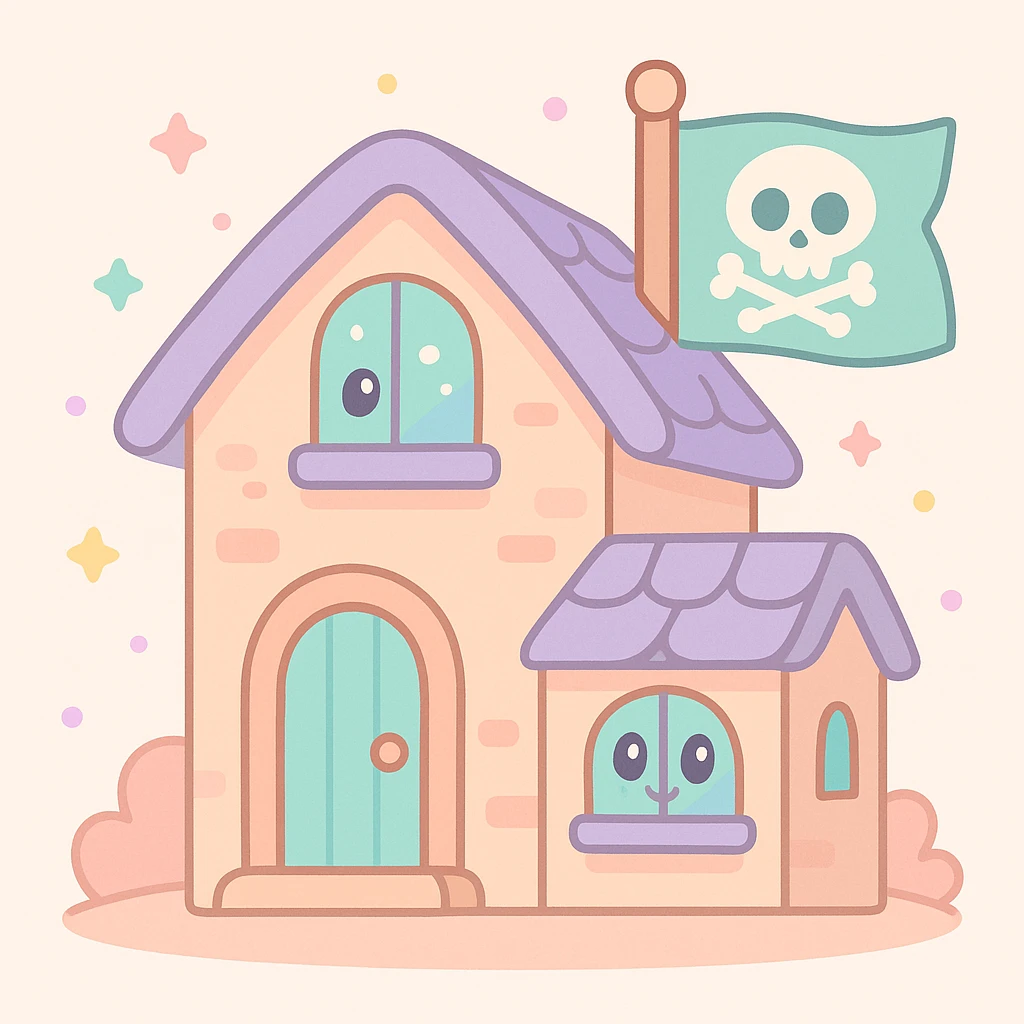old pirate's house with skull flag emoji