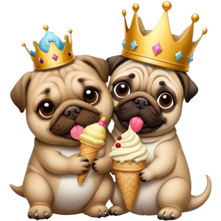 Tyrannosaurus rex wearing a crown. Tyrannosaurus rex is cuddling with a pug and the pug is eating ice cream￼ emoji