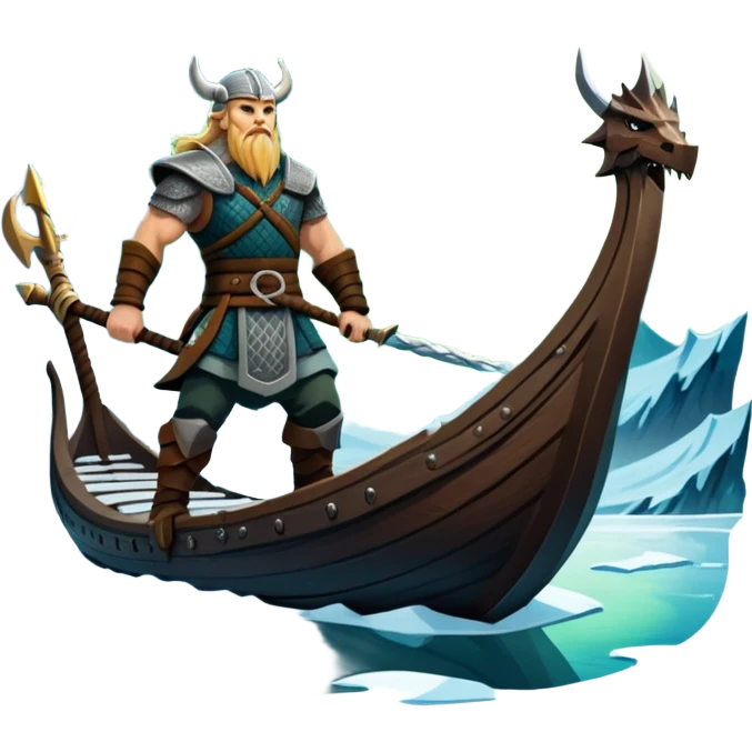 An icon representing an adventure game, inspired by Norse mythology. The design features a fierce Viking warrior standing at the prow of a dragon-headed longship, sailing through icy waters. Snow-capped mountains loom in the distance as the northern lights dance overhead, evoking a sense of conquest, mystery, and legend. Transparent background. emoji