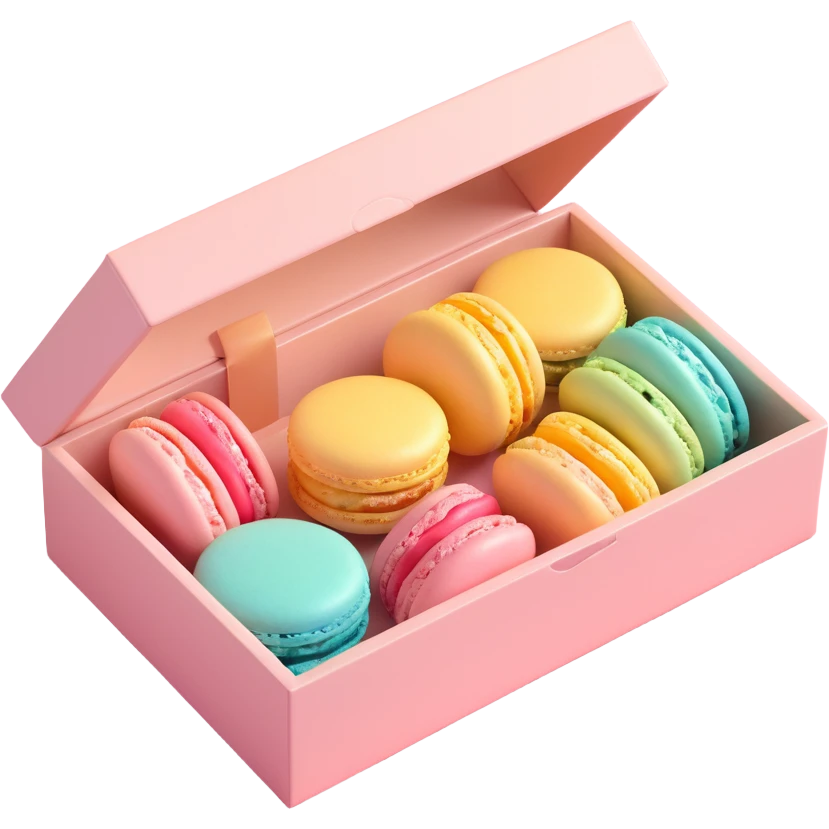elegant box of macarons, pastel colors, iOS 3D emoji style, realistic reflections, soft shadows, modern and minimalistic design emoji