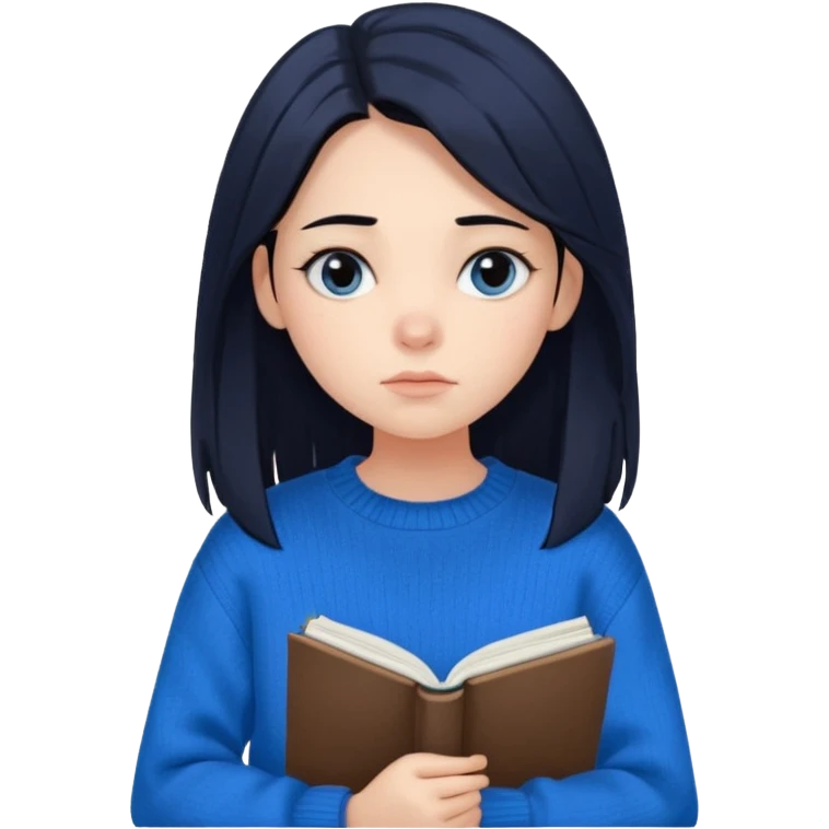 Maret – Cewe Overthinker/SENSITIF Kulit putih pucat lembut, rambut hitam panjang lurus agak messy, belah tengah. Pakai sweater biru terang oversized. pegang jurnal & pulpen, tatapan kosong mikir. emoji