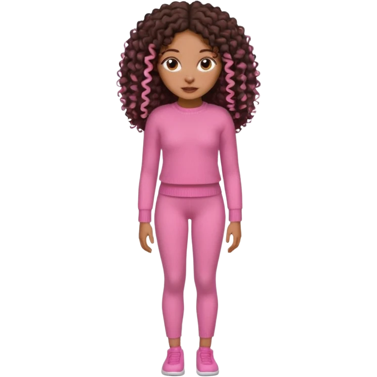 Uma menina negra da pele clara magra definida com roupa de malha rosa, com cabelo cacheados  todo castanho escuro bem grande até a cintura sem muito volume no cabelo emoji