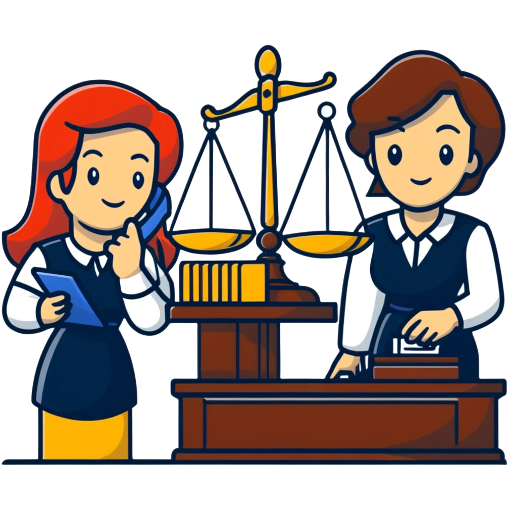 female notary with justice scale and stamp, phoning with another woman emoji