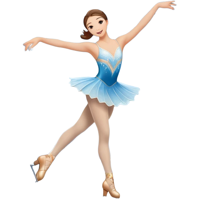An icon featuring a graceful figure skater performing an elegant spin on a shiny ice rink. The background includes twinkling lights, a snowy winter scene, and cheering fans in the stands. Transparent background highlights the beauty, poise, and artistry of figure skating. emoji