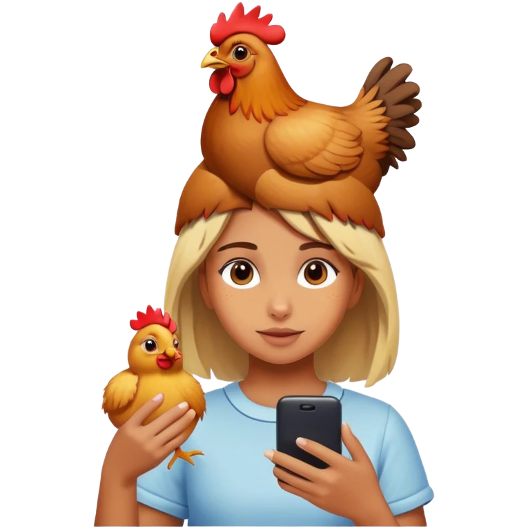 Girl playing on her phone with a chicken on her head  emoji