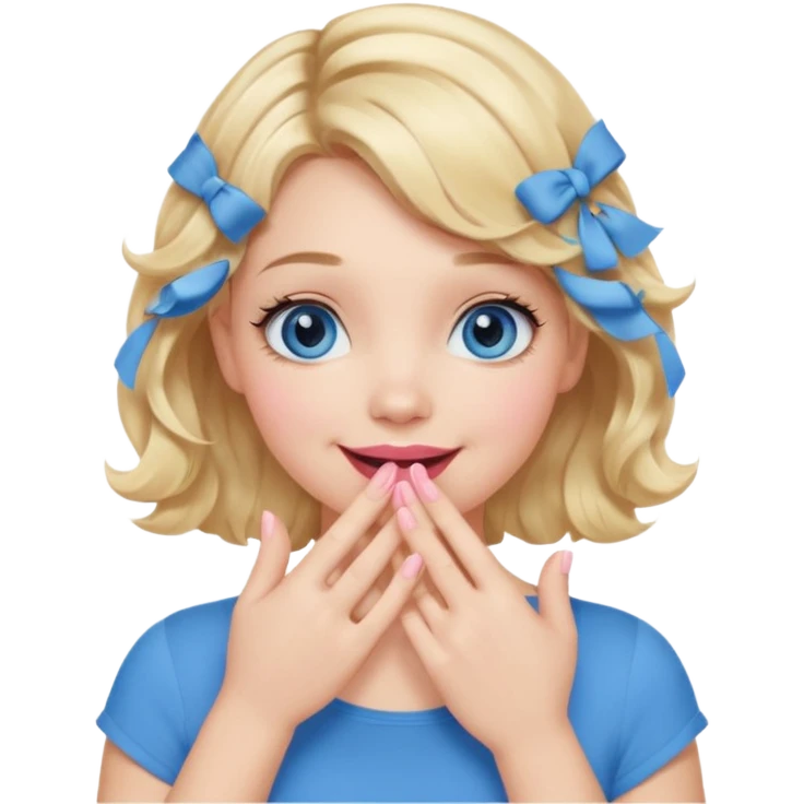 Girl Blonde short wavy hair,  blue eyes, cute blue top, long lashes, pink lips, smiling, hand covering the mouth emoji