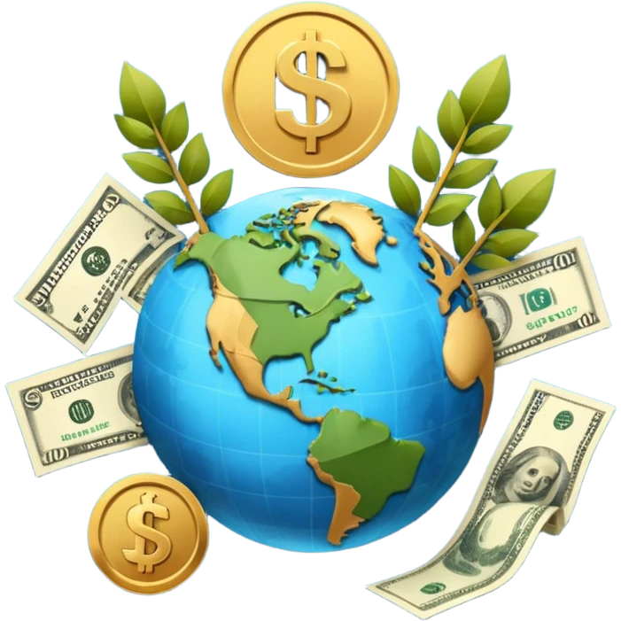 An icon featuring  a dollar sign, and a chart with upward trends, symbolizing economics. The design includes coins, bills, and earth e, representing global trade and financial systems. Transparent background highlights the study of markets, supply, and demand. emoji