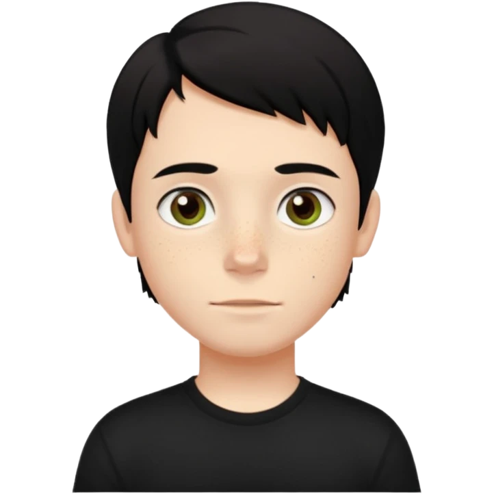 A boy with dark black hair and hazel green and brown eyes and white skin , with freckles and black t shirt with middle part hair hair with a center part haircut  emoji