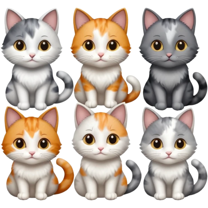 6 realistic looking cats with different natural coloured coats, assorted grey and white, greys, calico colours etc
 emoji