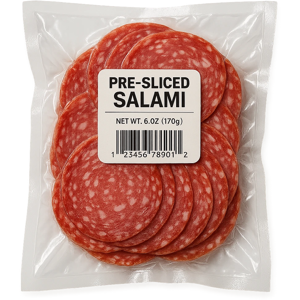 pre-sliced salami in clear vacuum-sealed plastic packaging with visible label, close-up, clean background emoji