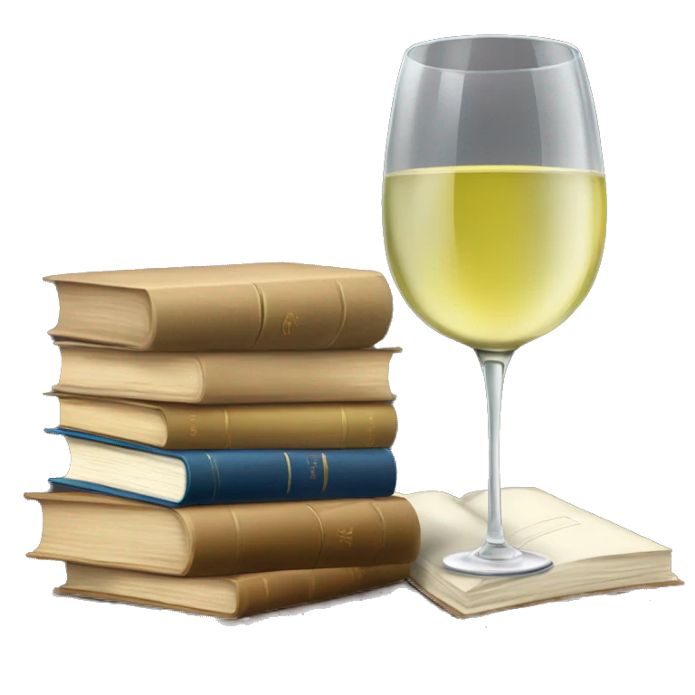 a glass of white wine and a stack of books emoji