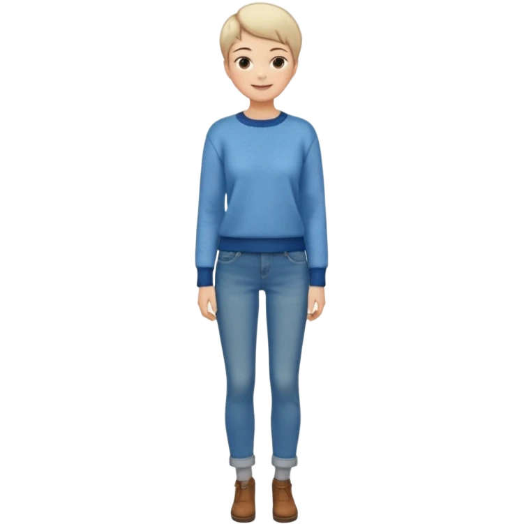 woman full body standing short pixie hair jeans sweater smile emoji