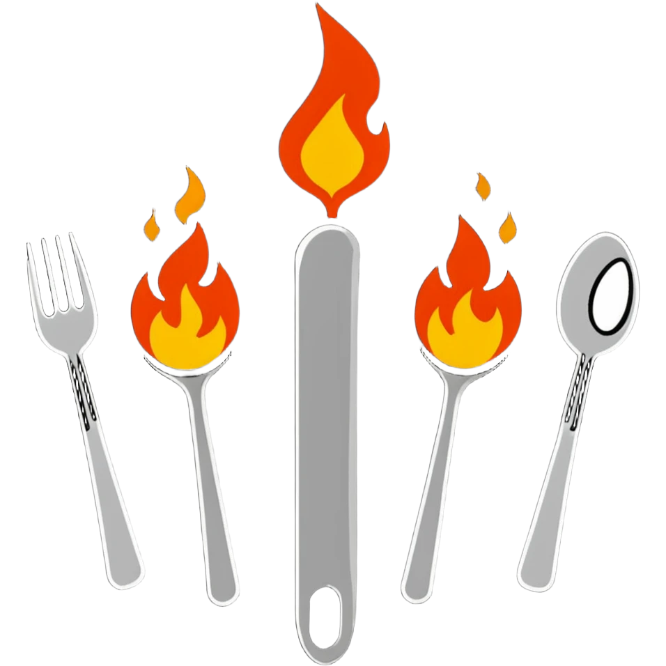 burning spoon fork and knife crossed together, kitchen utensils on fire with flames emoji