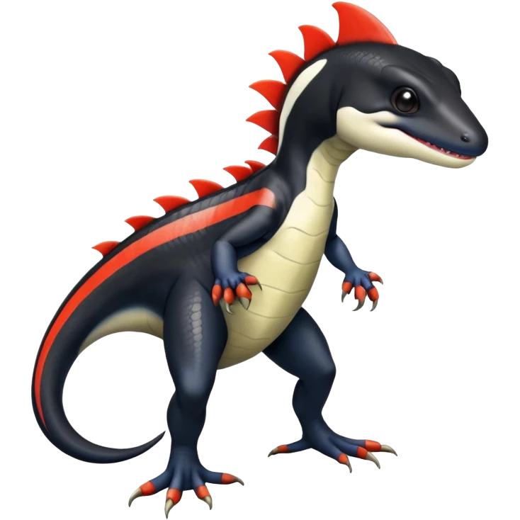 Black and white Orca-reptile-reptilian-lizard-skink-gecko-Digimon-Fakémon-hybrid full body, two legs, two arms, claws, tail, with red stripe emoji
