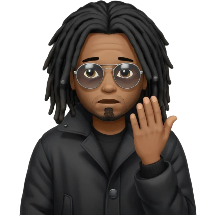 African American man brown skin complexion with black dreadlocks shoulder length wearing black bubble winter coat wearing black sunglasses with right hand covering sad face emoji
