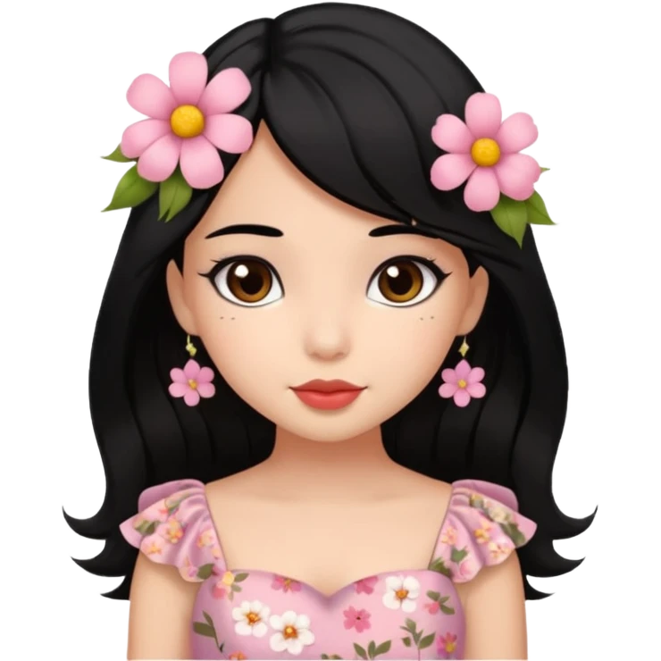 Pretty cute girl wearing a coquette dress, black hair with cute flowers, brown eyed emoji