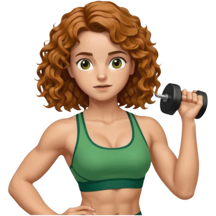 big biceps, muscled torso, very beautiful italian happy girl, looking like Emma Watson, with wavy curly bright hazelnut hair, dressed in green bra sports outfit, pulling up emoji