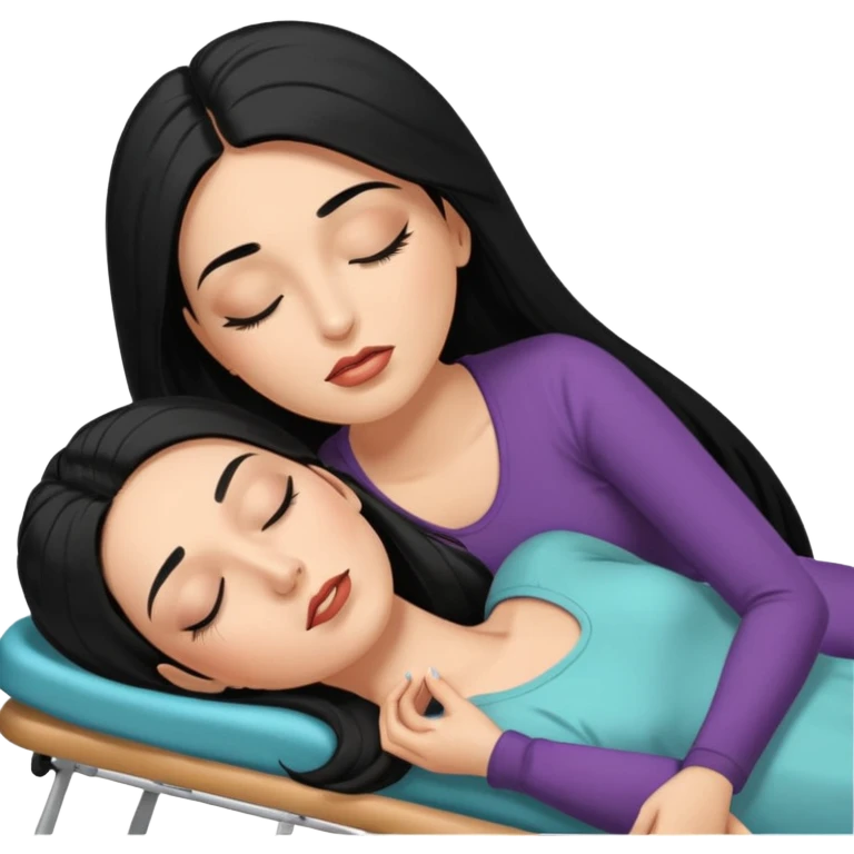 mulher branca cabelo longo e preto aplicando cilios em outra mulher que esta deitada em uma maca de olhos fechados emoji