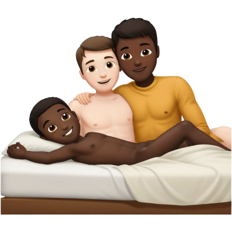 Dark hair White male laying back on the bed naked kissing black male emoji