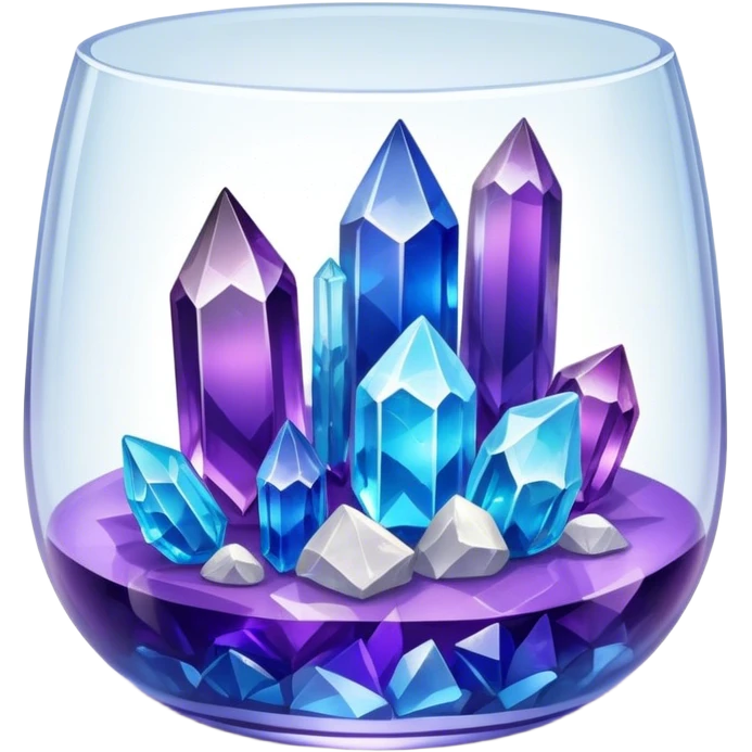 Close-up of vibrant crystals growing in a glass container on a table, with various colors like purple, blue, and clear. Some crystals are larger, while others are still forming. Soft light highlights their natural beauty. Background with a cozy indoor setting. emoji