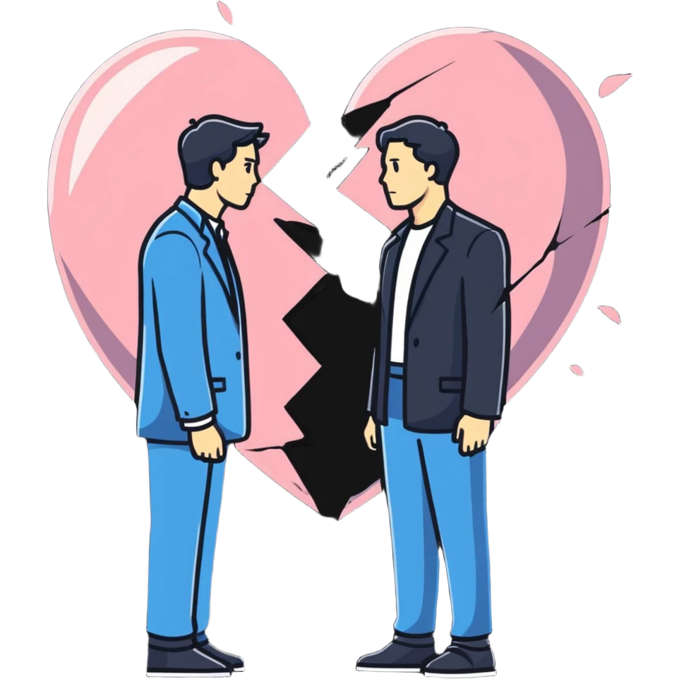 two men gay couple breaking up with a large shattered heart between them emoji