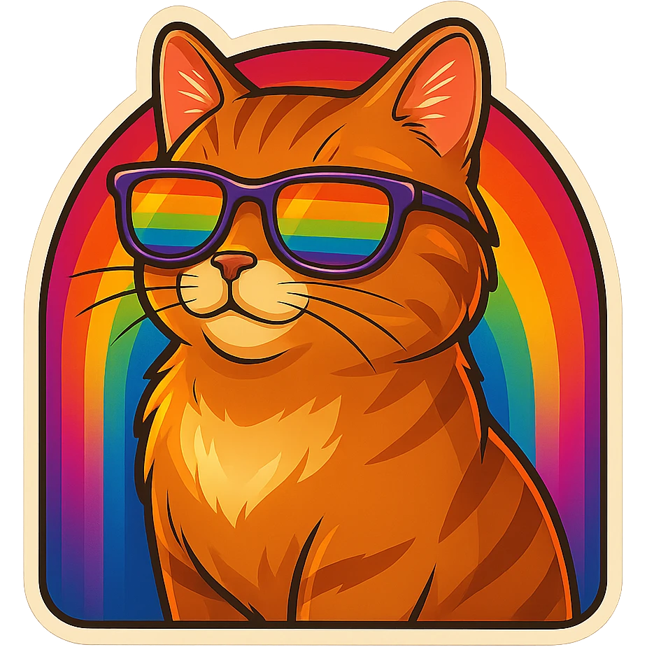 Add a vibrant, colorful background behind the cat with rainbow sunglasses, keep the retro stickers style the same. emoji