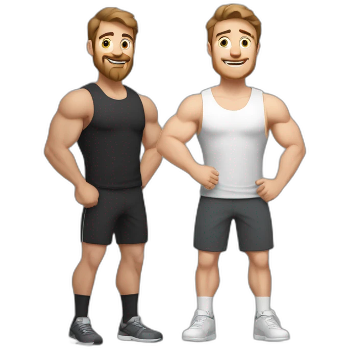 Full height Actively gesturing with hands Pale skinned Fit Man With the biceps and brown hair in dark gray Sleeveless Mike, black oversize sports shorts, watch and white Sneakers emoji