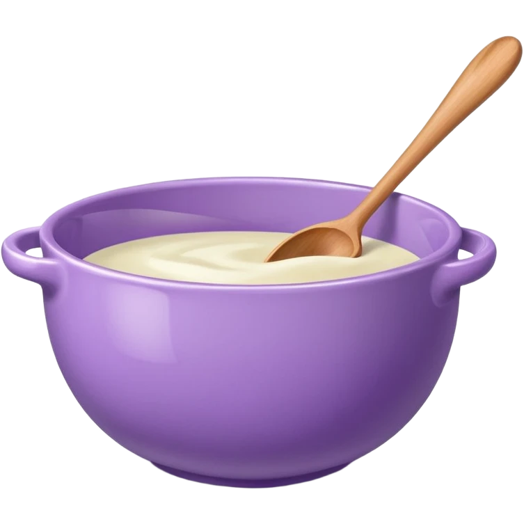 a lilac ceramic mixing bowl with a wooden spoon stirring emoji