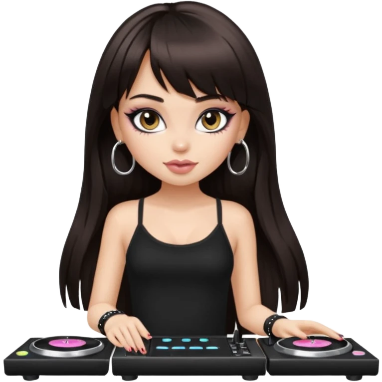 generate a pretty bratz girl in black cami top, dark brown straight long hair with bangs, eyeliner on, djing, fair emoji