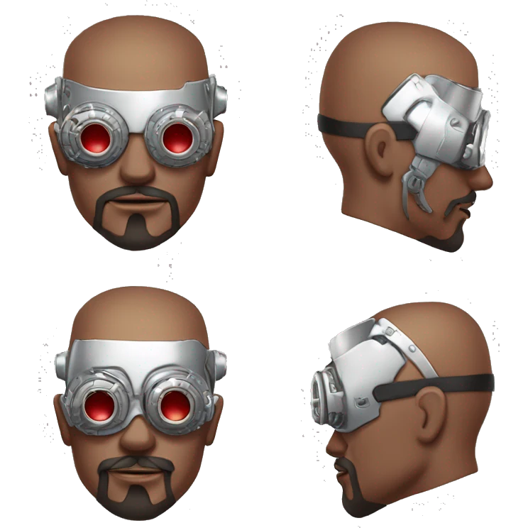 Red skin and white goatee male cyborg head with silver steampunk goggles emoji