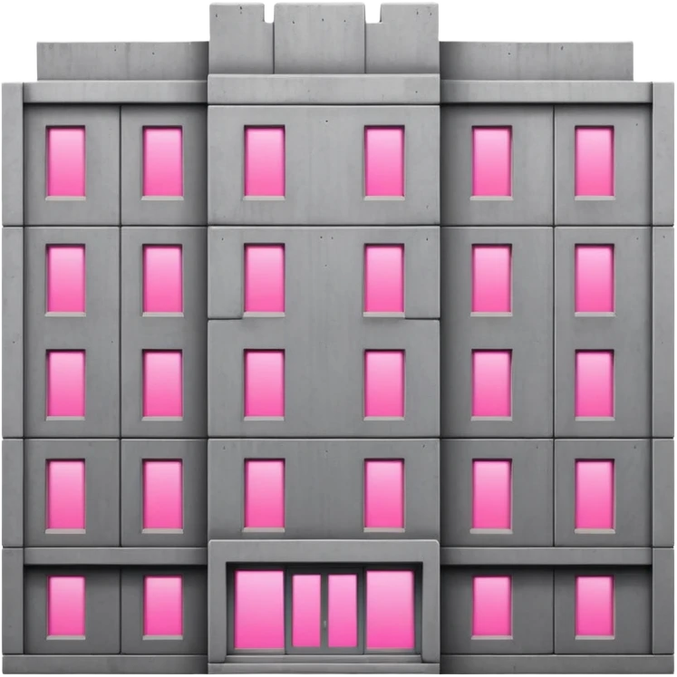Gray concrete panel building with multiple regular windows and just one pink glowing window, brutalist architecture emoji