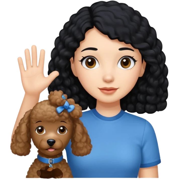Ponytail black hair girl with brown Poodle say goodbye  emoji