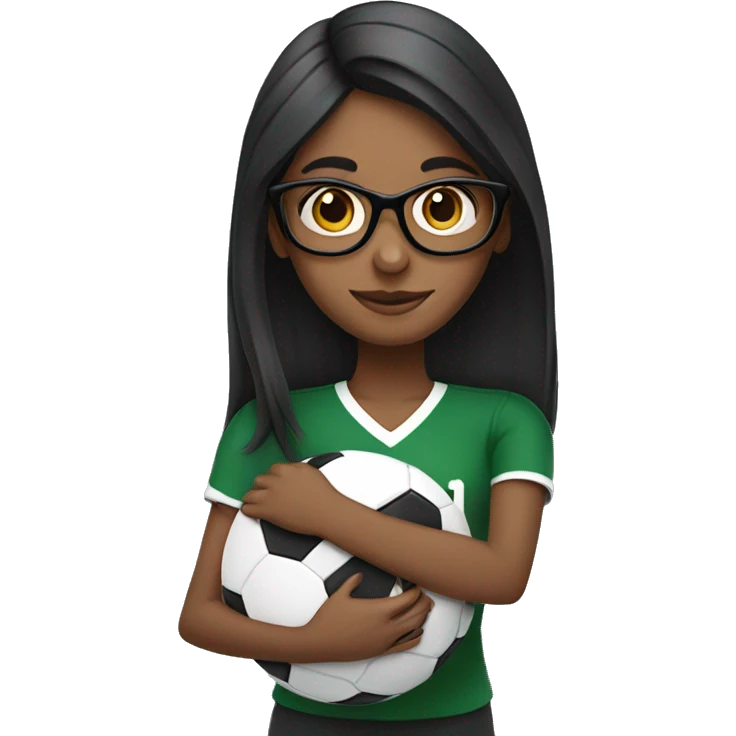 A Tamil girl with straight hair and black glasses hugging a football emoji