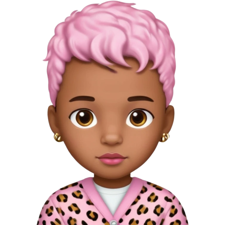 brown-skin boy with baby pink blush and glossy lips and leopard print hair ￼ emoji
