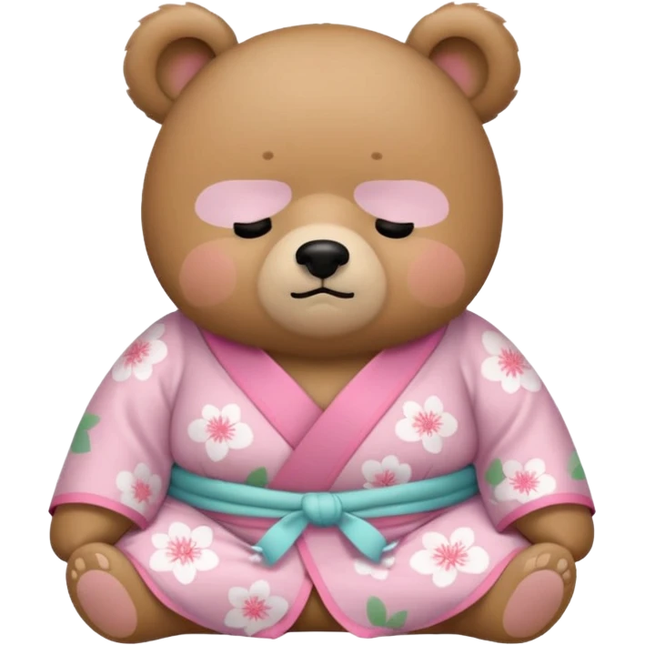 A cute chubby light-brown bear wearing a pastel pink sakura-patterned kimono, standard body and small round head, adorable simple face, sleepy half-closed eyes, small blush on cheeks, sitting while dozing off, tiny “zzz” floating above the head emoji