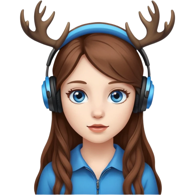 Girl with white skin and brown long hair with blue eyes with headphones with deer’s antlers  emoji